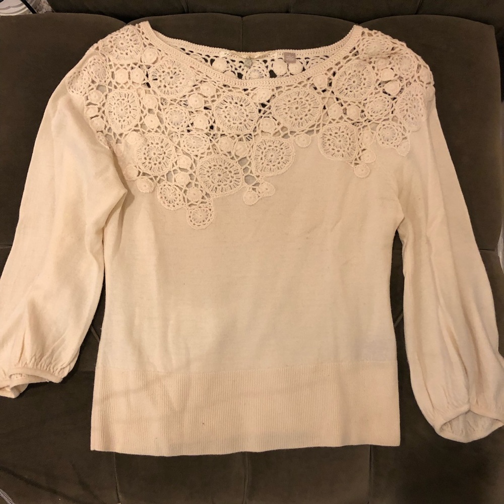 Anthtopologie Knitted & Knotted Ivory Floral Flower Sweater S 3/4 Sleeves